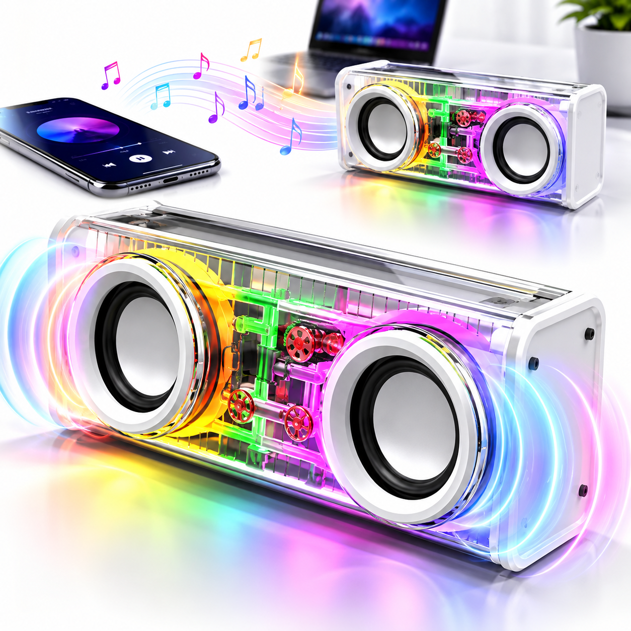 Haut-Parleur Bluetooth 5.3 Lumineux avec Boîtier Transparent - مكبر صوت بلوتوث لاسلكي شفاف مع إضاءة ملونة وسماعات مضاعفة 2