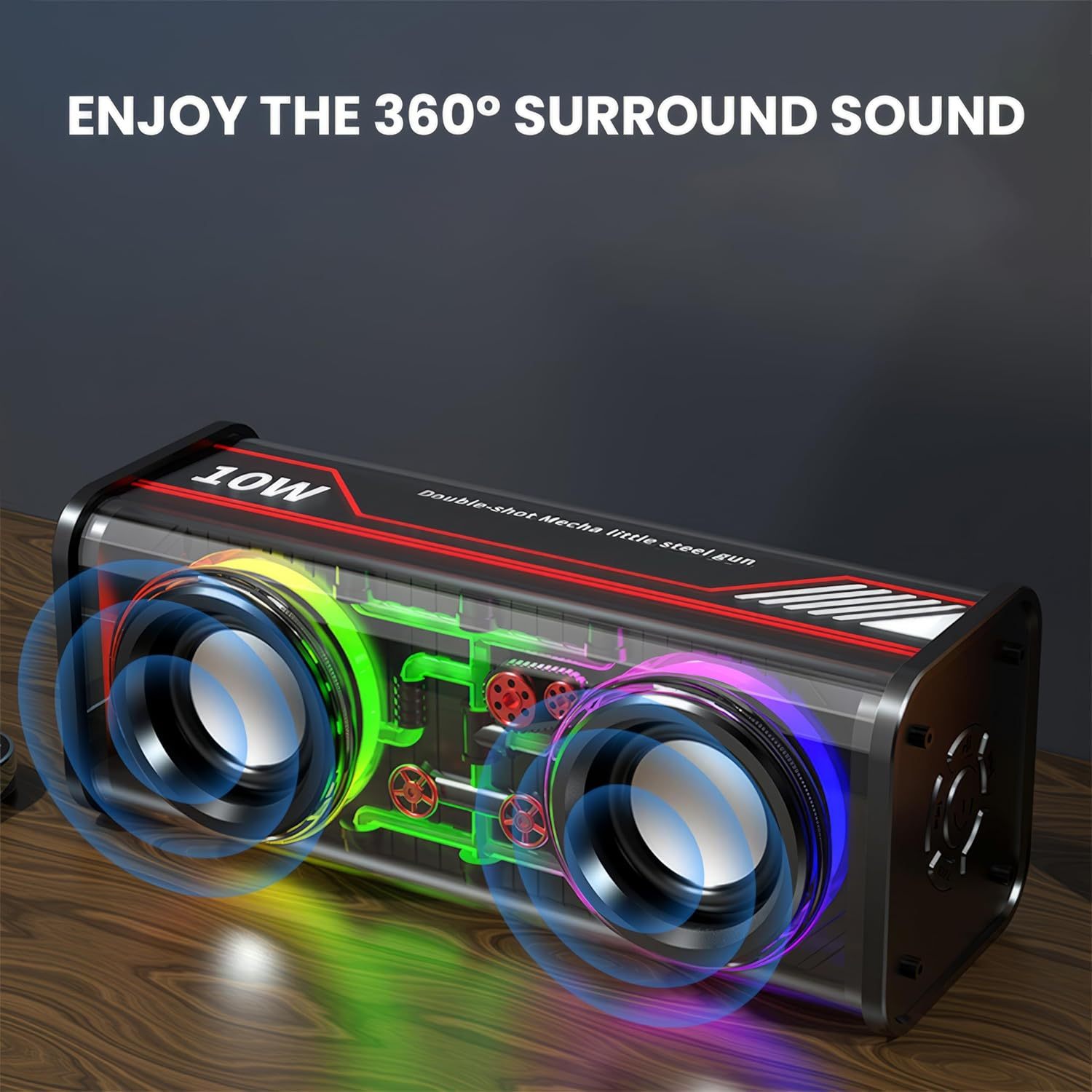 Haut-Parleur Bluetooth 5.3 Lumineux avec Boîtier Transparent - مكبر صوت بلوتوث لاسلكي شفاف مع إضاءة ملونة وسماعات مضاعفة 7