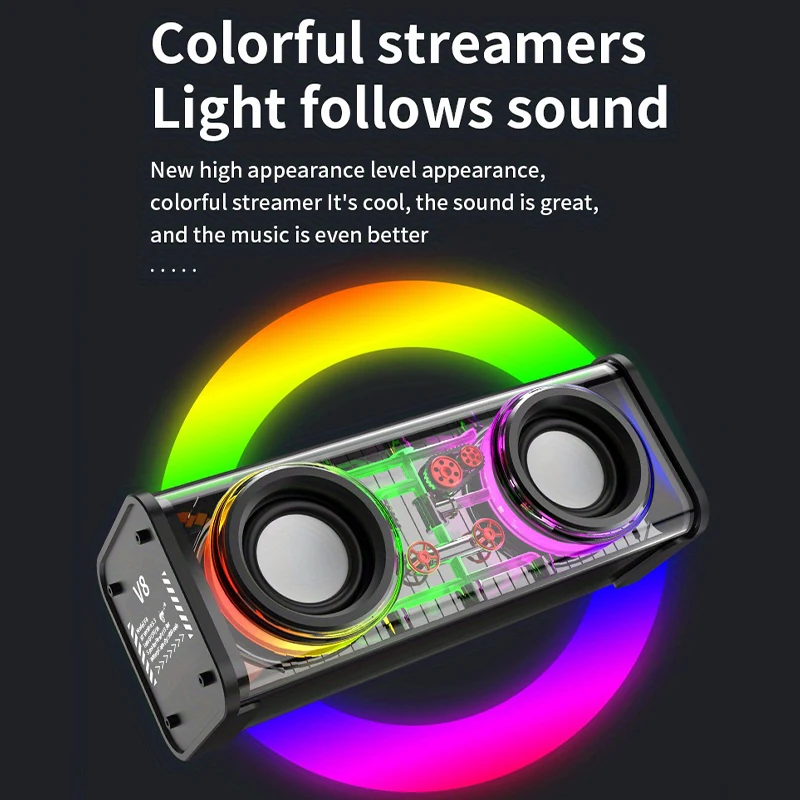Haut-Parleur Bluetooth 5.3 Lumineux avec Boîtier Transparent - مكبر صوت بلوتوث لاسلكي شفاف مع إضاءة ملونة وسماعات مضاعفة 5