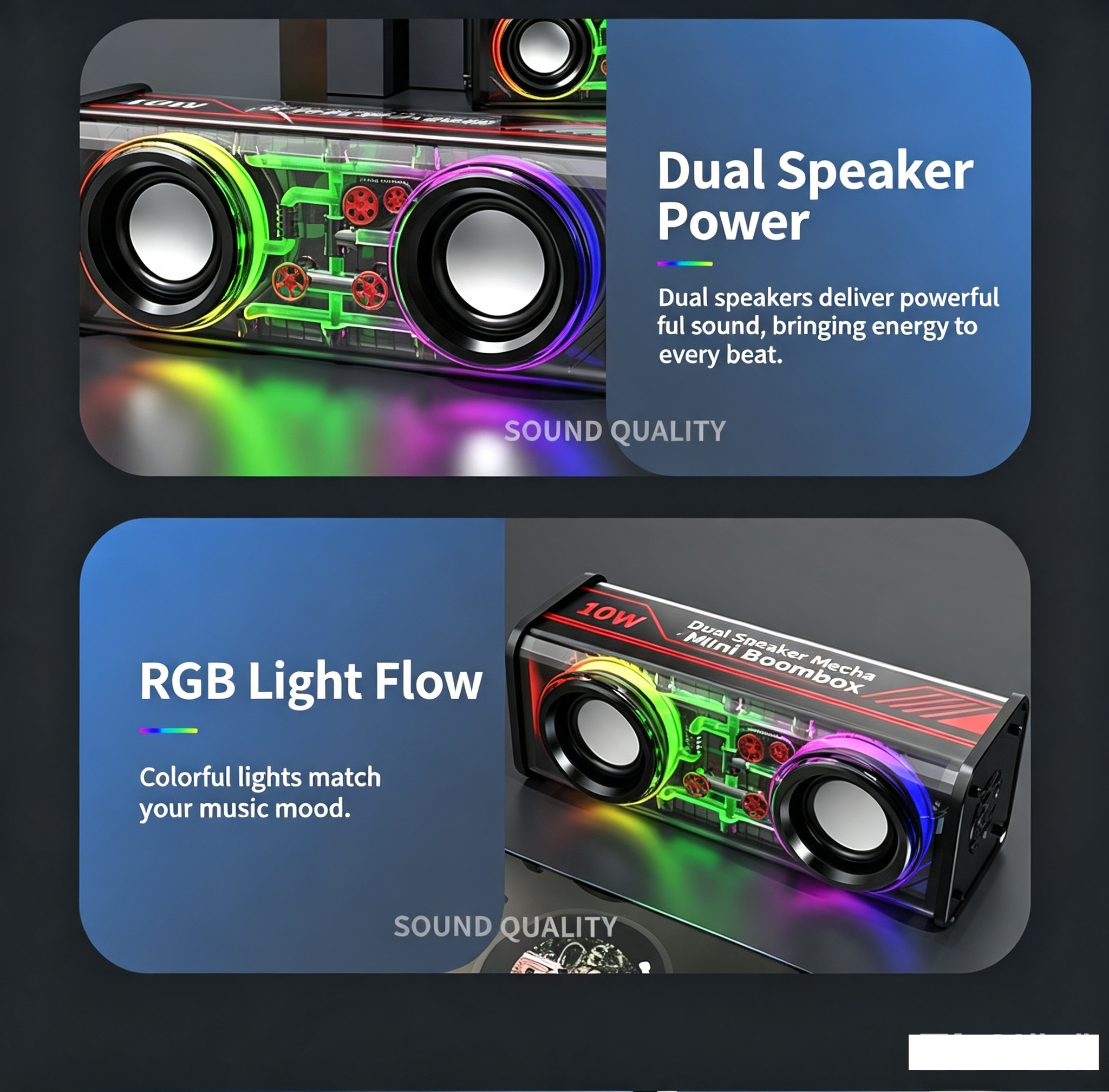Haut-Parleur Bluetooth 5.3 Lumineux avec Boîtier Transparent - مكبر صوت بلوتوث لاسلكي شفاف مع إضاءة ملونة وسماعات مضاعفة - 16