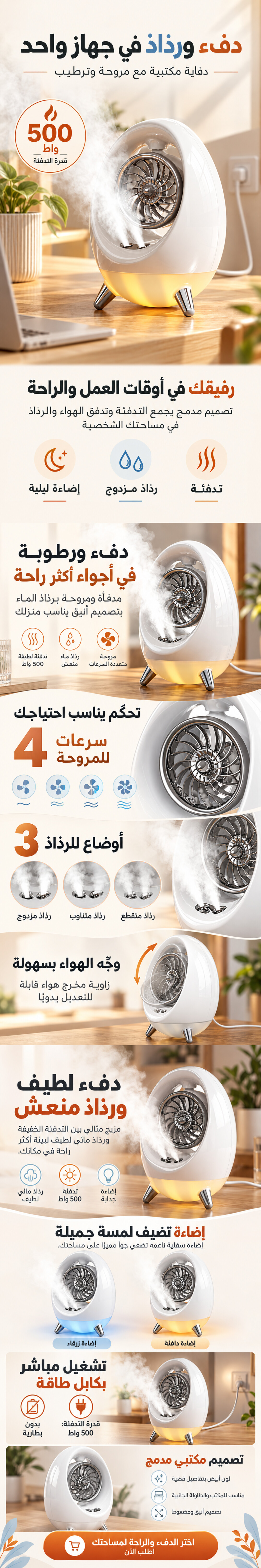 Chauffage Soufflant de Bureau 500W avec Humidificateur - مدفئة مكتبية 500 واط مع مروحة ورذاذ ترطيب - 1