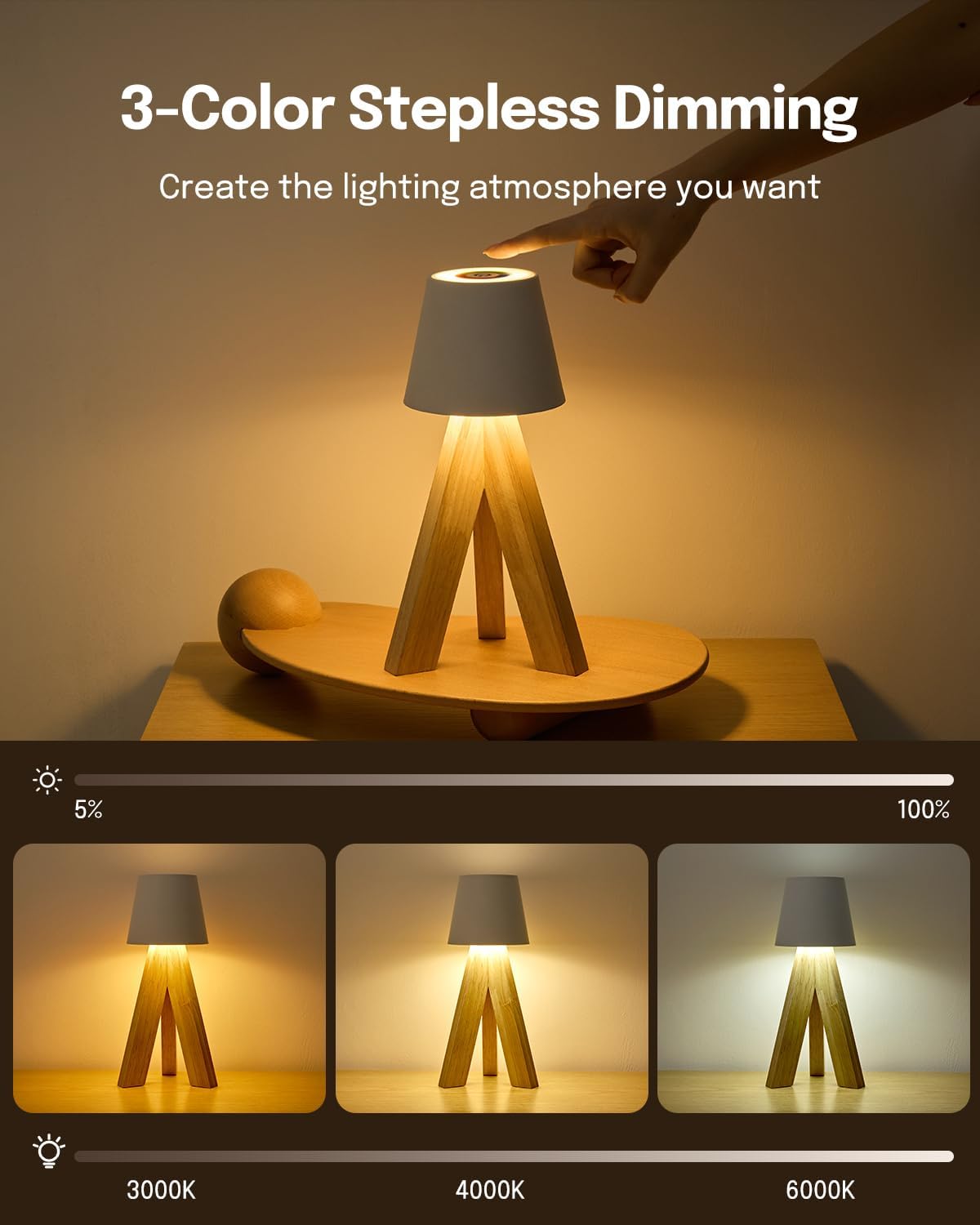 Lampe de Table LED Décorative en Bois, Rechargeable et Tactile — مصباح طاولة خشبي ديكوري قابل للشحن بالتحكم باللمس 3