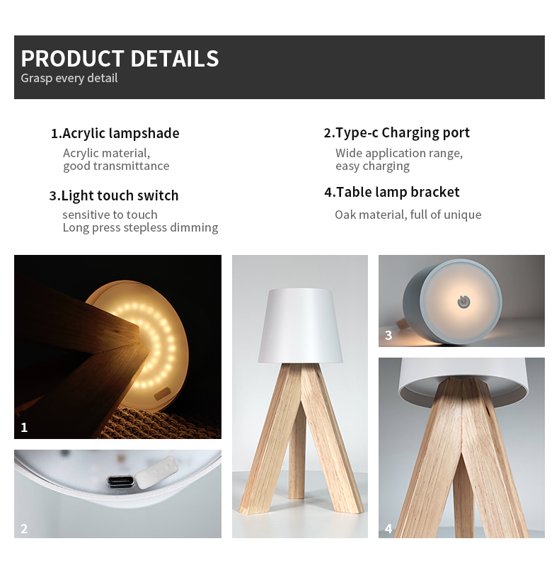 Lampe de Table LED Décorative en Bois, Rechargeable et Tactile — مصباح طاولة خشبي ديكوري قابل للشحن بالتحكم باللمس - 15