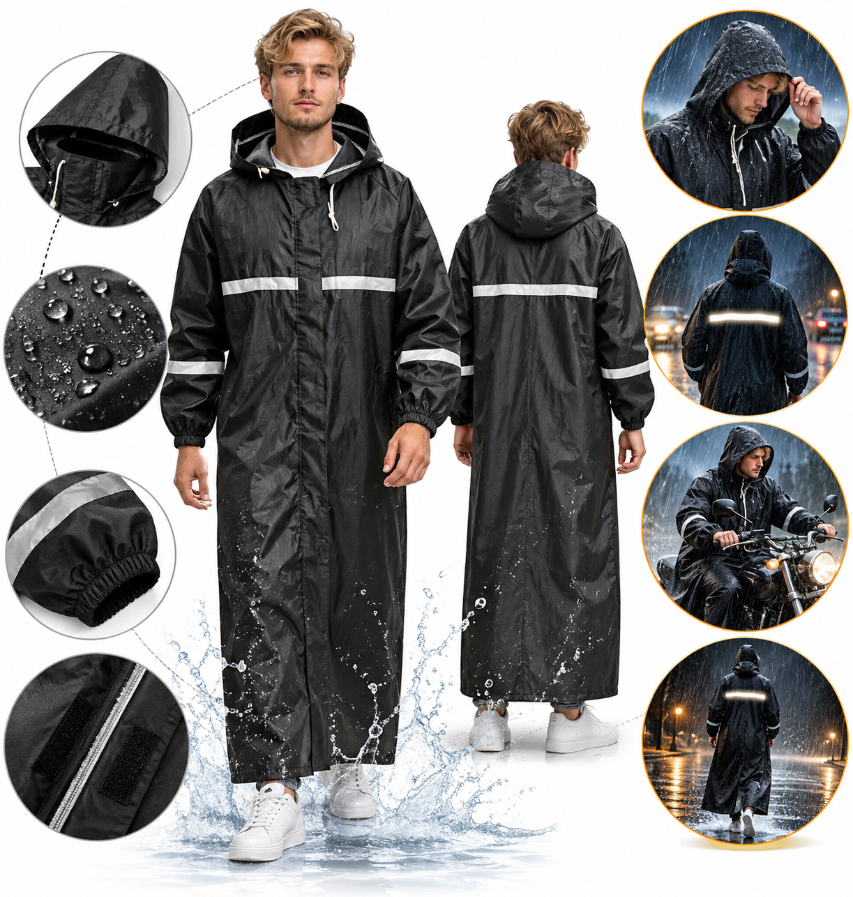 Imperméable Long pour Moto avec Bandes Réfléchissantes - معطف طويل مقاوم للأمطار للدراجة النارية مع عواكس ضوئية 1