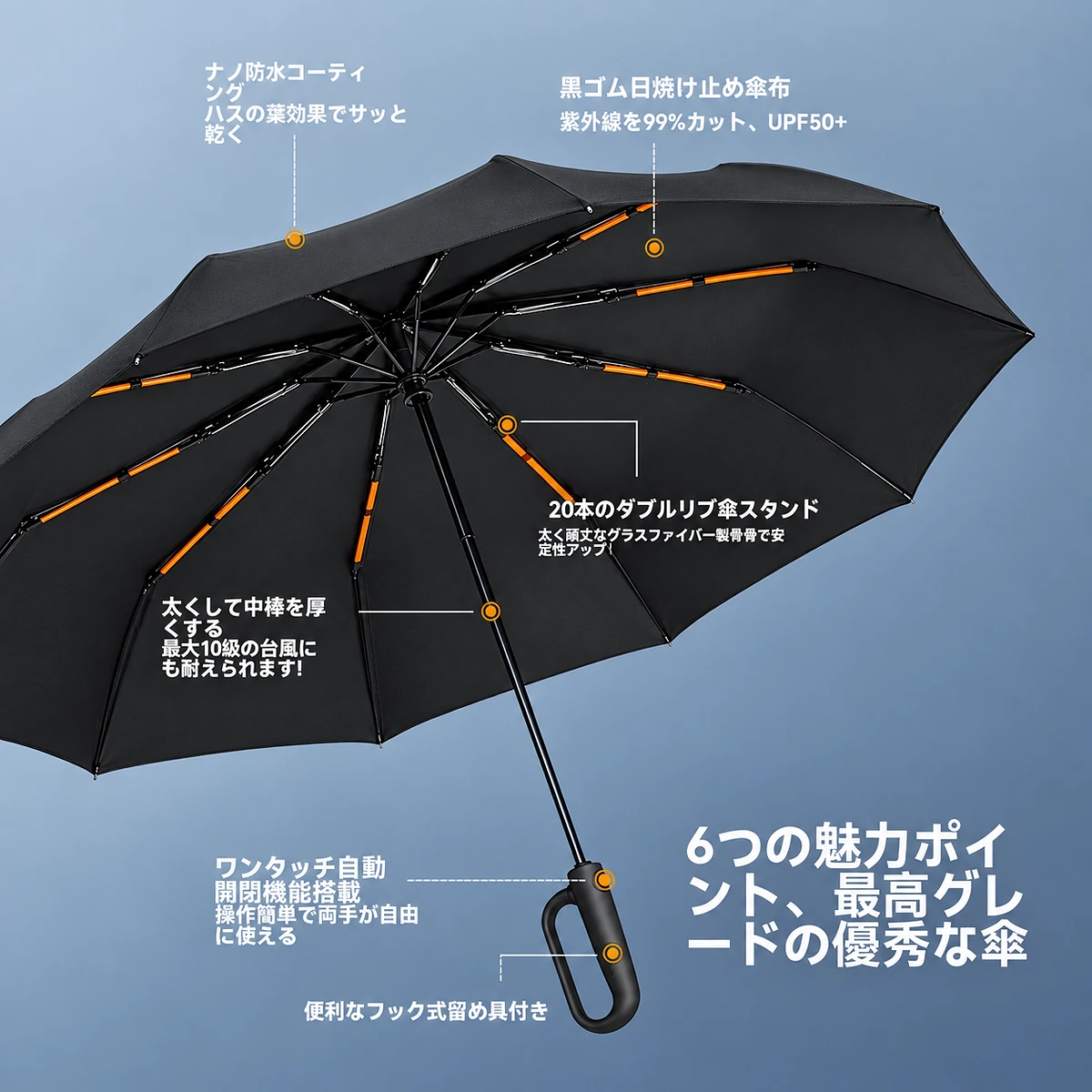 Parapluie pliant coupe-vent avec ouverture et fermeture automatiques et poignée en boucle - 7