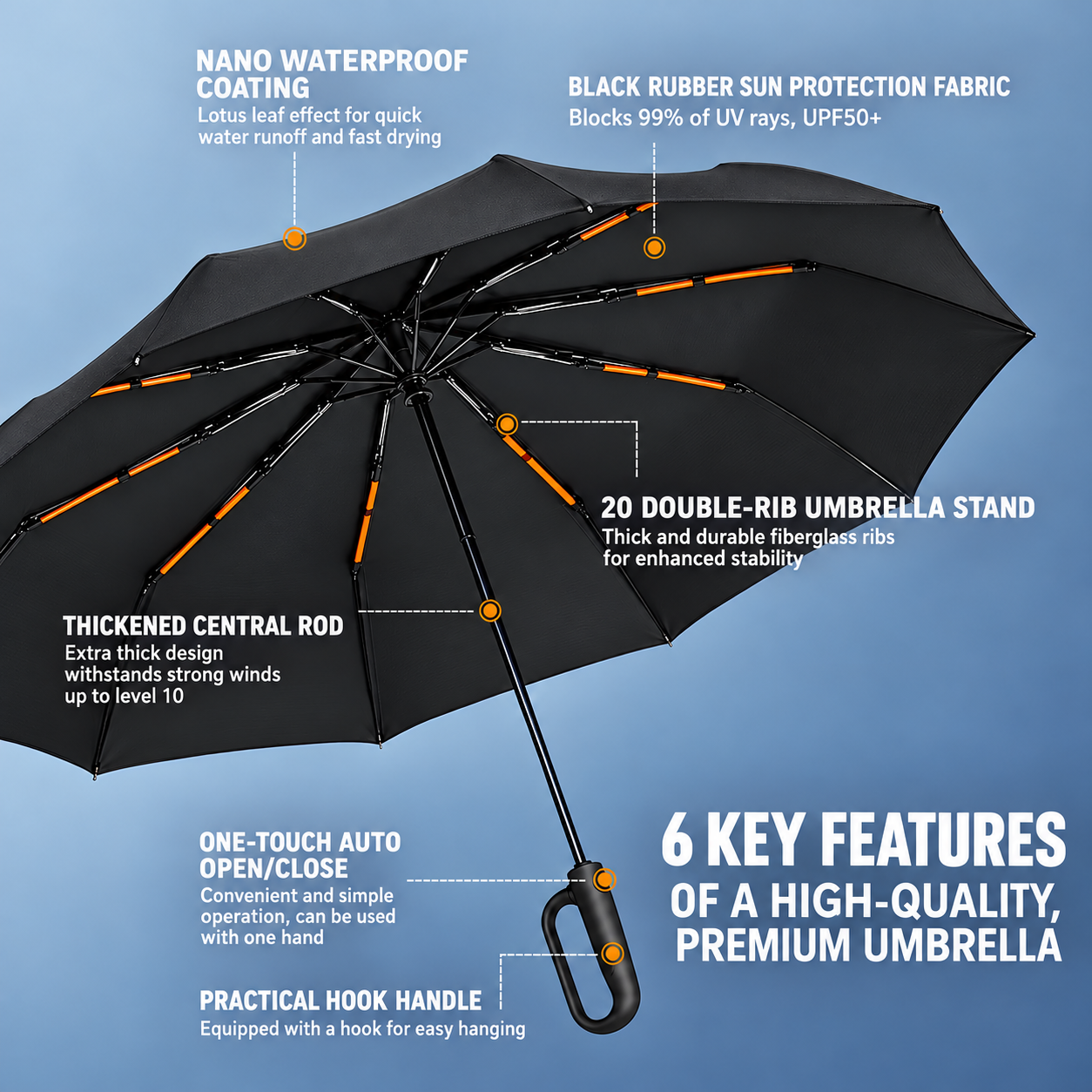 Parapluie pliant coupe-vent avec ouverture et fermeture automatiques et poignée en boucle 6