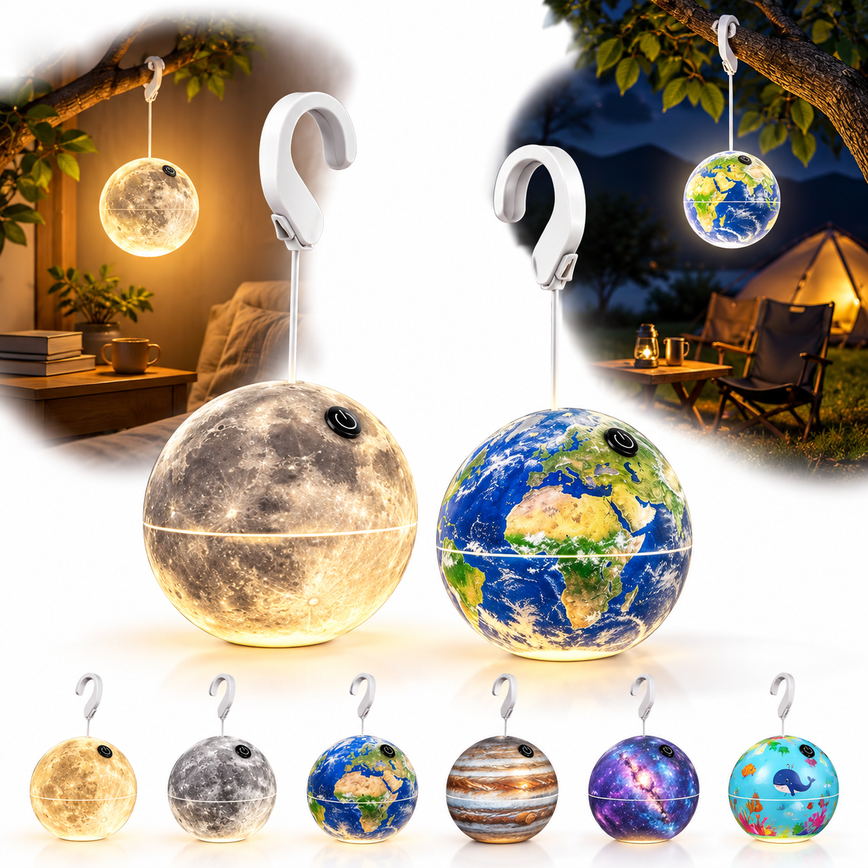 Lampe Led Suspendue En Forme De Boule Décorative, Rechargeable Par Usb, Pour Camping Intérieur Et Extérieur, En Forme De Lune Ou De Terre, 1 Pièce 1