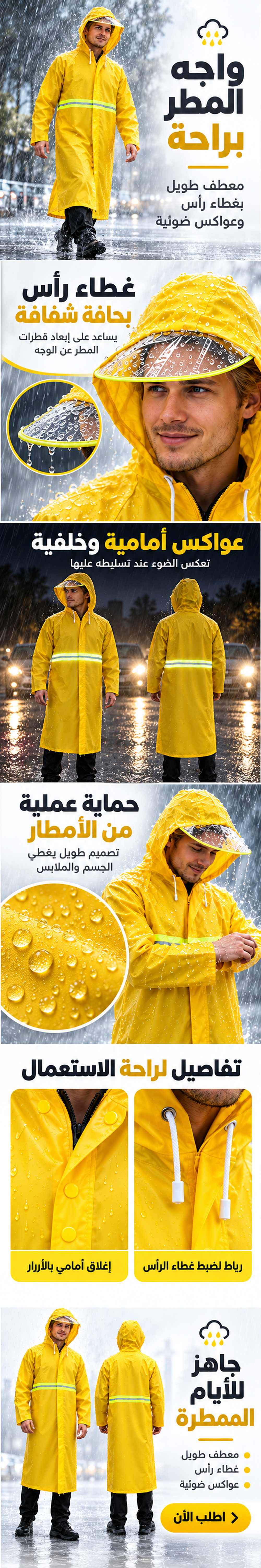 Imperméable Long Jaune avec Capuche Transparente et Bandes Réfléchissantes - معطف مطر طويل بقبعة شفافة وعواكس ضوئية - 1