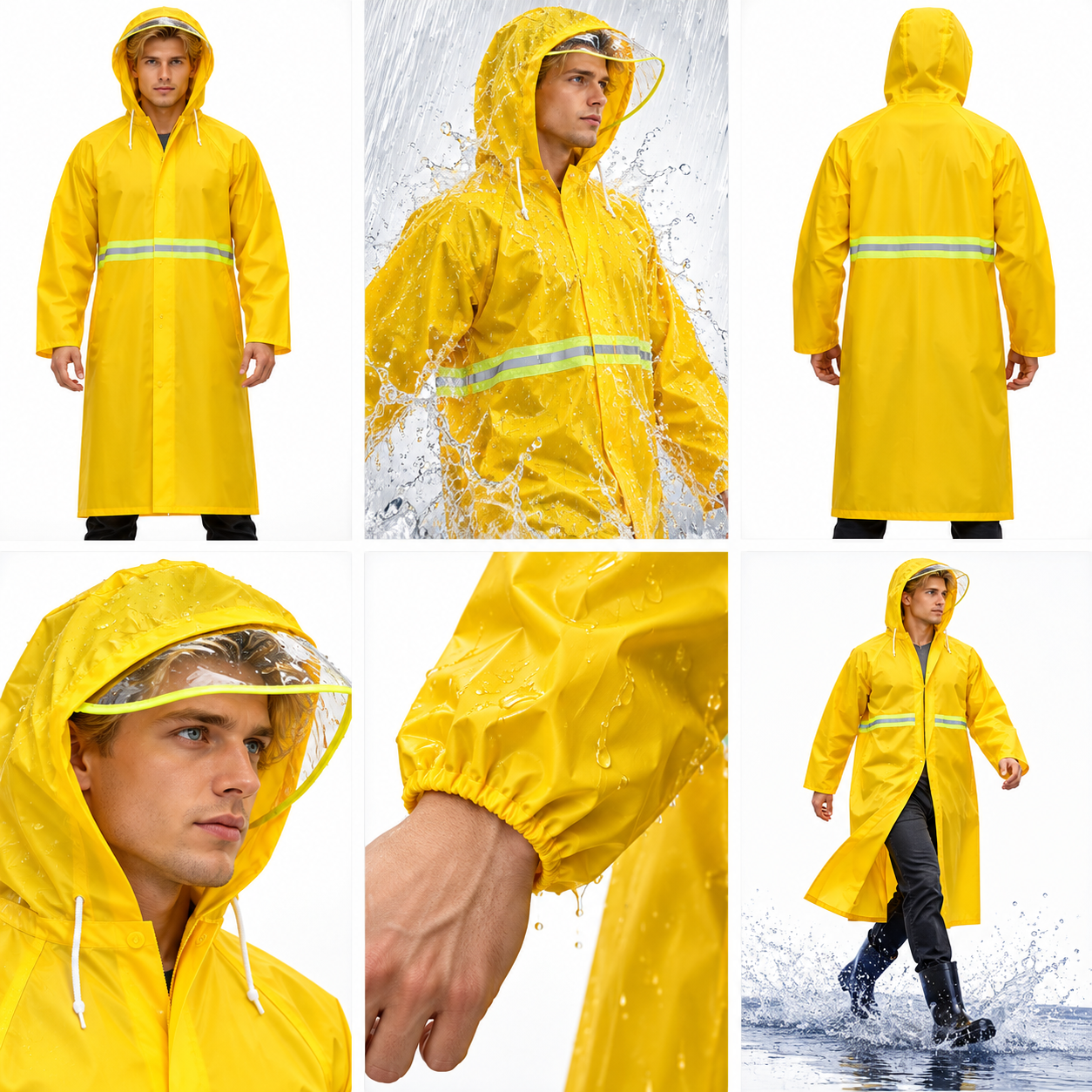 Imperméable Long Jaune avec Capuche Transparente et Bandes Réfléchissantes - معطف مطر طويل بقبعة شفافة وعواكس ضوئية 3