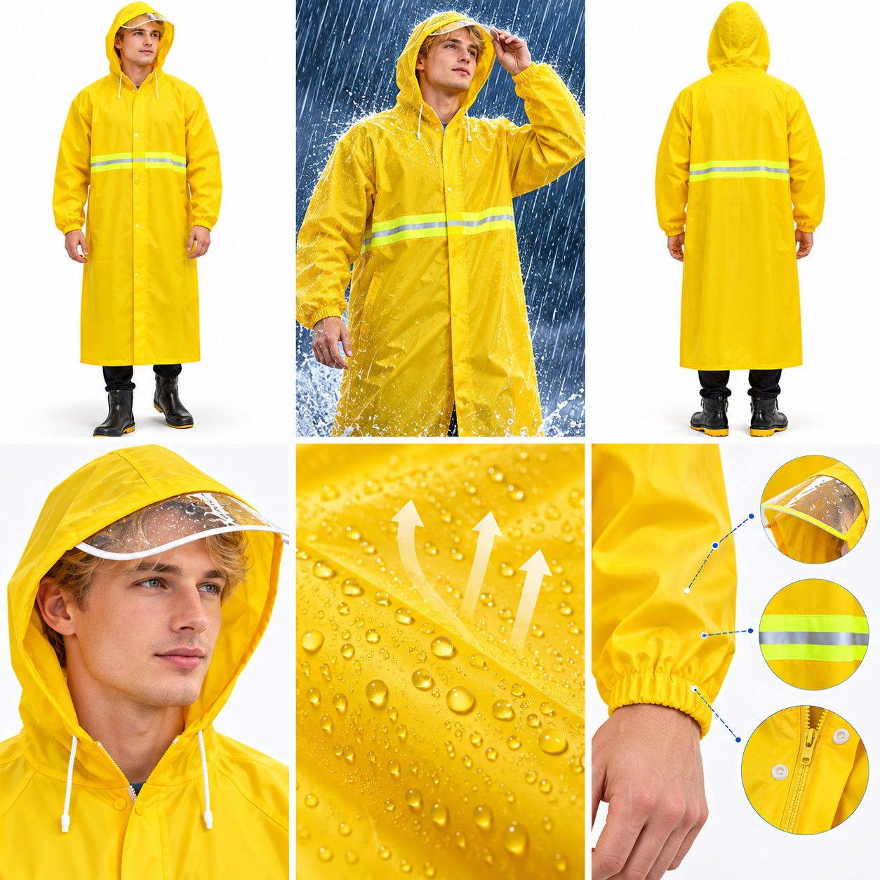 Imperméable Long Jaune avec Capuche Transparente et Bandes Réfléchissantes - معطف مطر طويل بقبعة شفافة وعواكس ضوئية 4