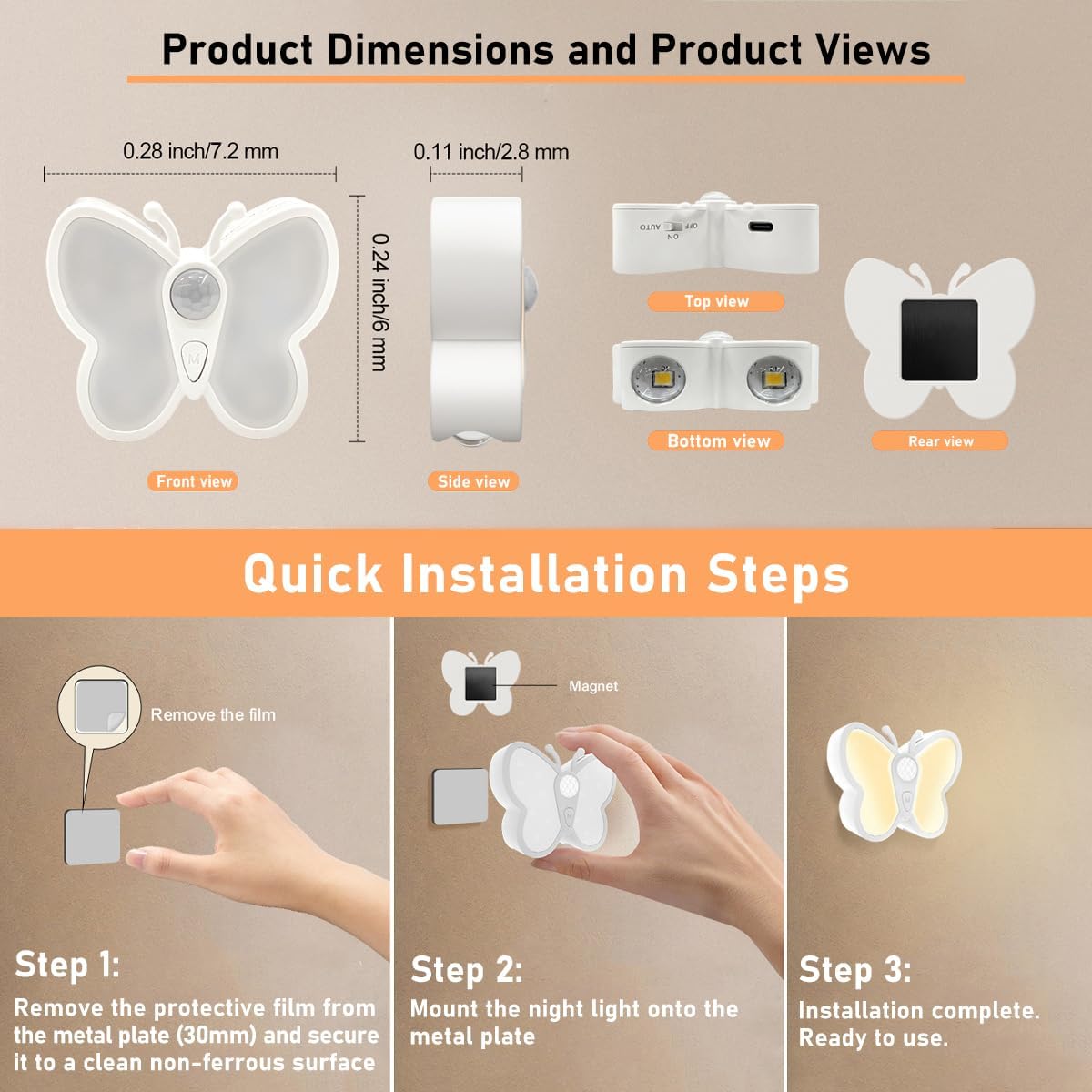 Lampe LED Papillon avec Détecteur de Mouvement Rechargeable USB 1PCS – مصباح فراشة بحساس الحركة قابل للشحن 4