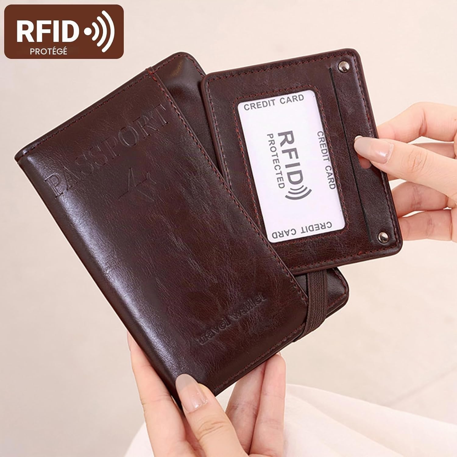 Porte-Passeport de Voyage en Cuir PU avec Protection RFID - محفظة جواز سفر جلدية متعددة الجيوب 4