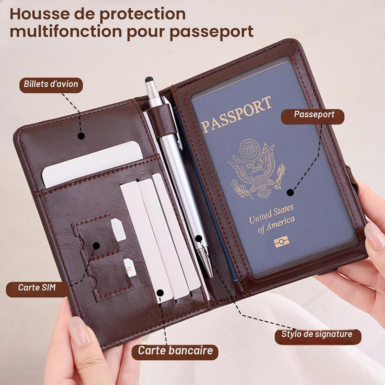Porte-Passeport de Voyage en Cuir PU avec Protection RFID - محفظة جواز سفر جلدية متعددة الجيوب 5