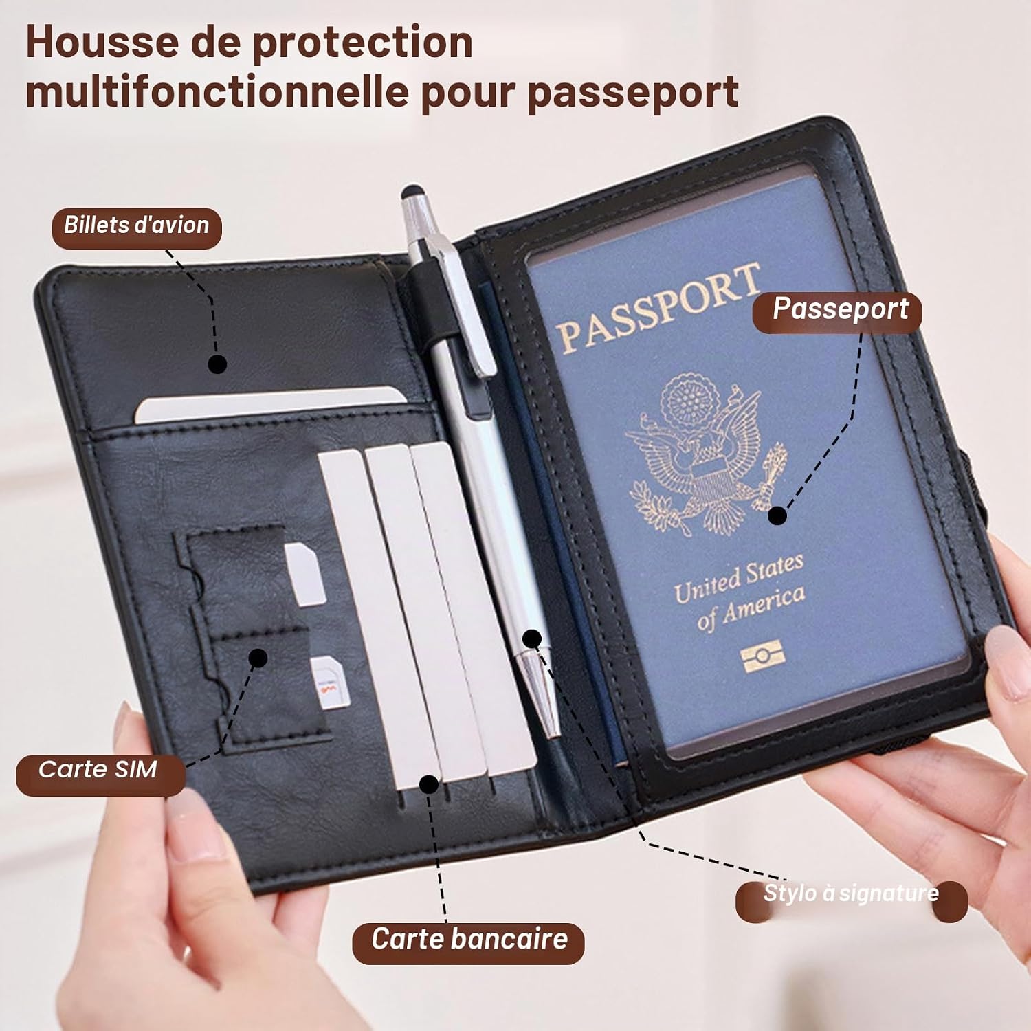 Porte-Passeport de Voyage en Cuir PU avec Protection RFID - محفظة جواز سفر جلدية متعددة الجيوب 7