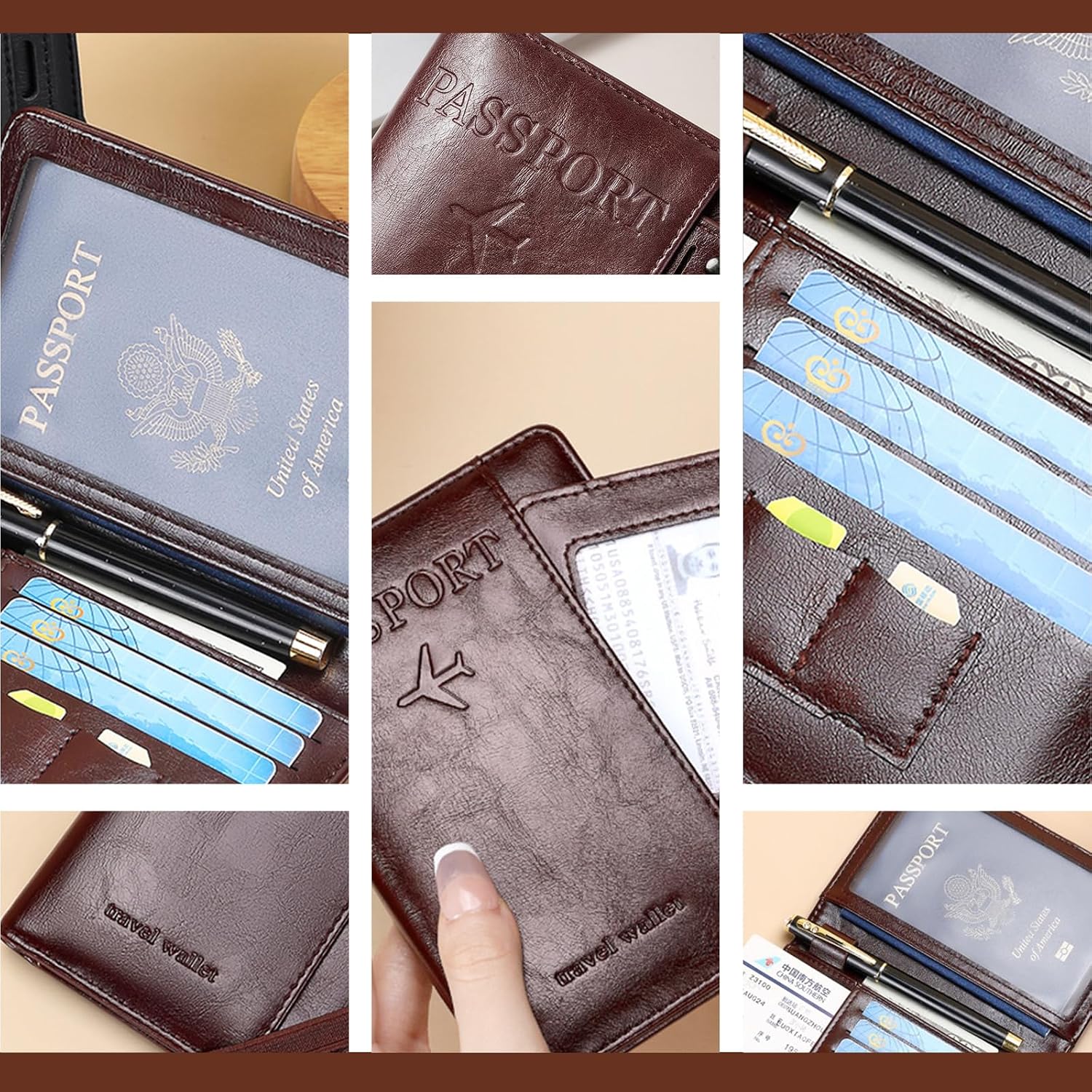 Porte-Passeport de Voyage en Cuir PU avec Protection RFID - محفظة جواز سفر جلدية متعددة الجيوب 8