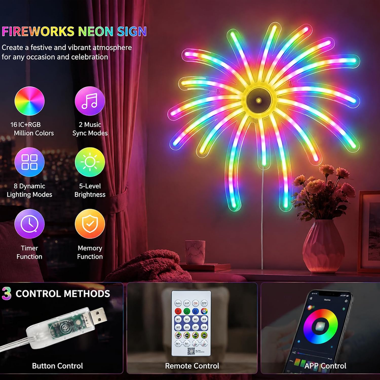 Décoration Murale Néon LED RGB Effet Feu d’Artifice —Contrôle par Application et Télécommande - لوحة نيون LED بألوان RGB تحكم بالتطبيق والريموت 5