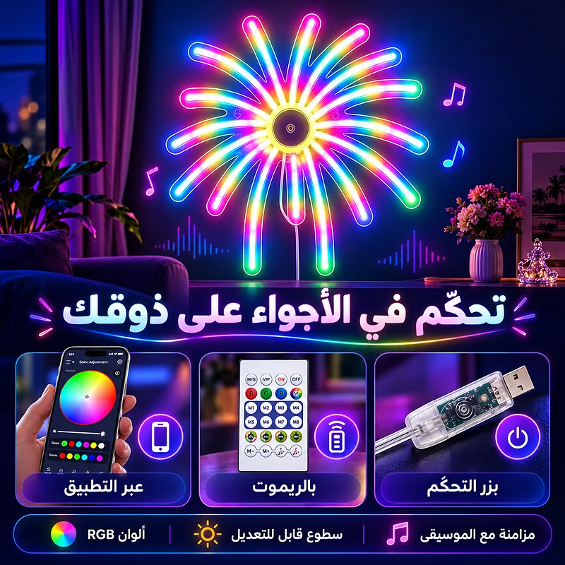 Décoration Murale Néon LED RGB Effet Feu d’Artifice —Contrôle par Application et Télécommande - لوحة نيون LED بألوان RGB تحكم بالتطبيق والريموت 10