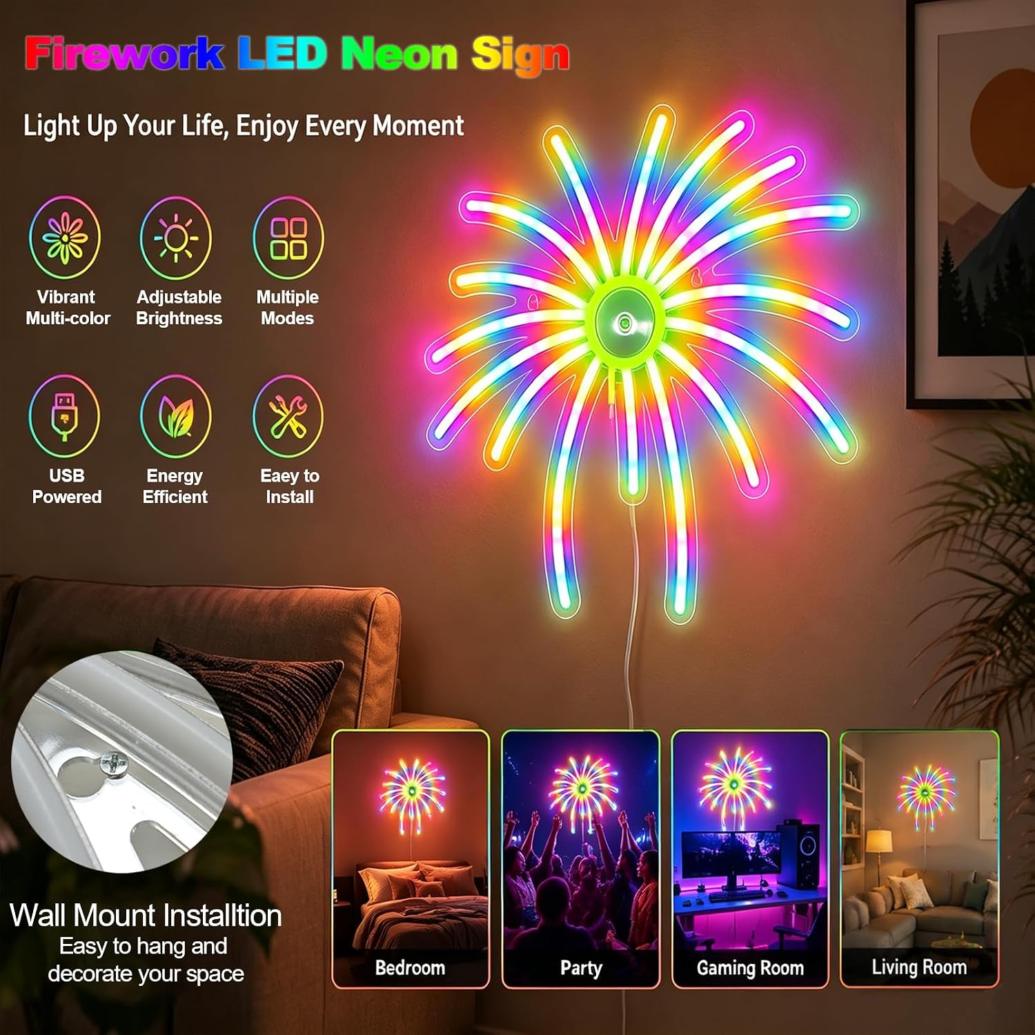 Décoration Murale Néon LED RGB Effet Feu d’Artifice —Contrôle par Application et Télécommande - لوحة نيون LED بألوان RGB تحكم بالتطبيق والريموت 9