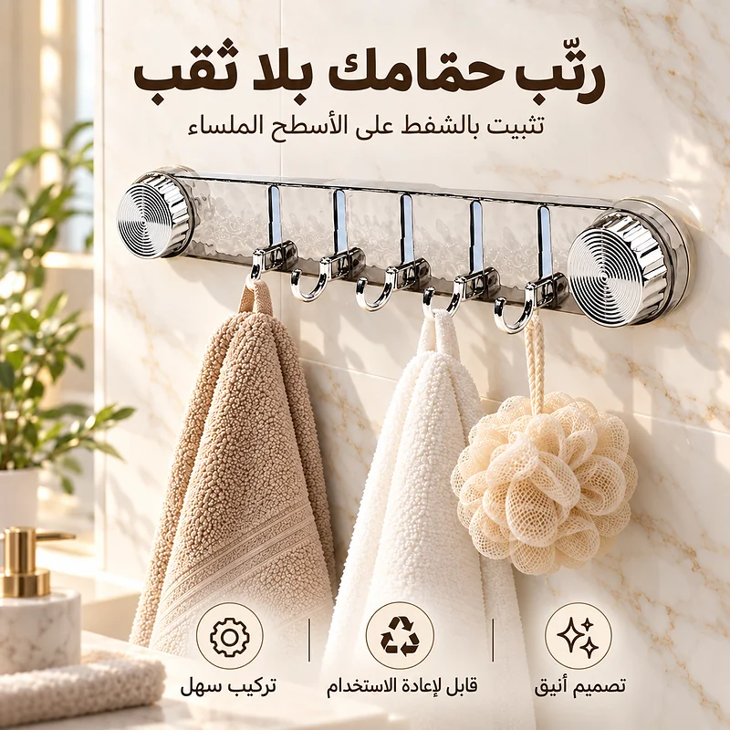 Support mural transparent à 5 crochets rabattables — Fixation par ventouses - حامل جداري شفاف بخمسة خطافات قابلة للطي — تثبيت بالشفط 9