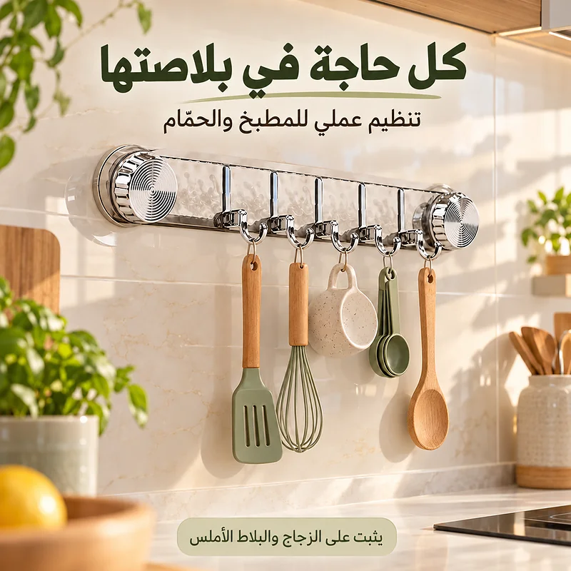 Support mural transparent à 5 crochets rabattables — Fixation par ventouses - حامل جداري شفاف بخمسة خطافات قابلة للطي — تثبيت بالشفط 8