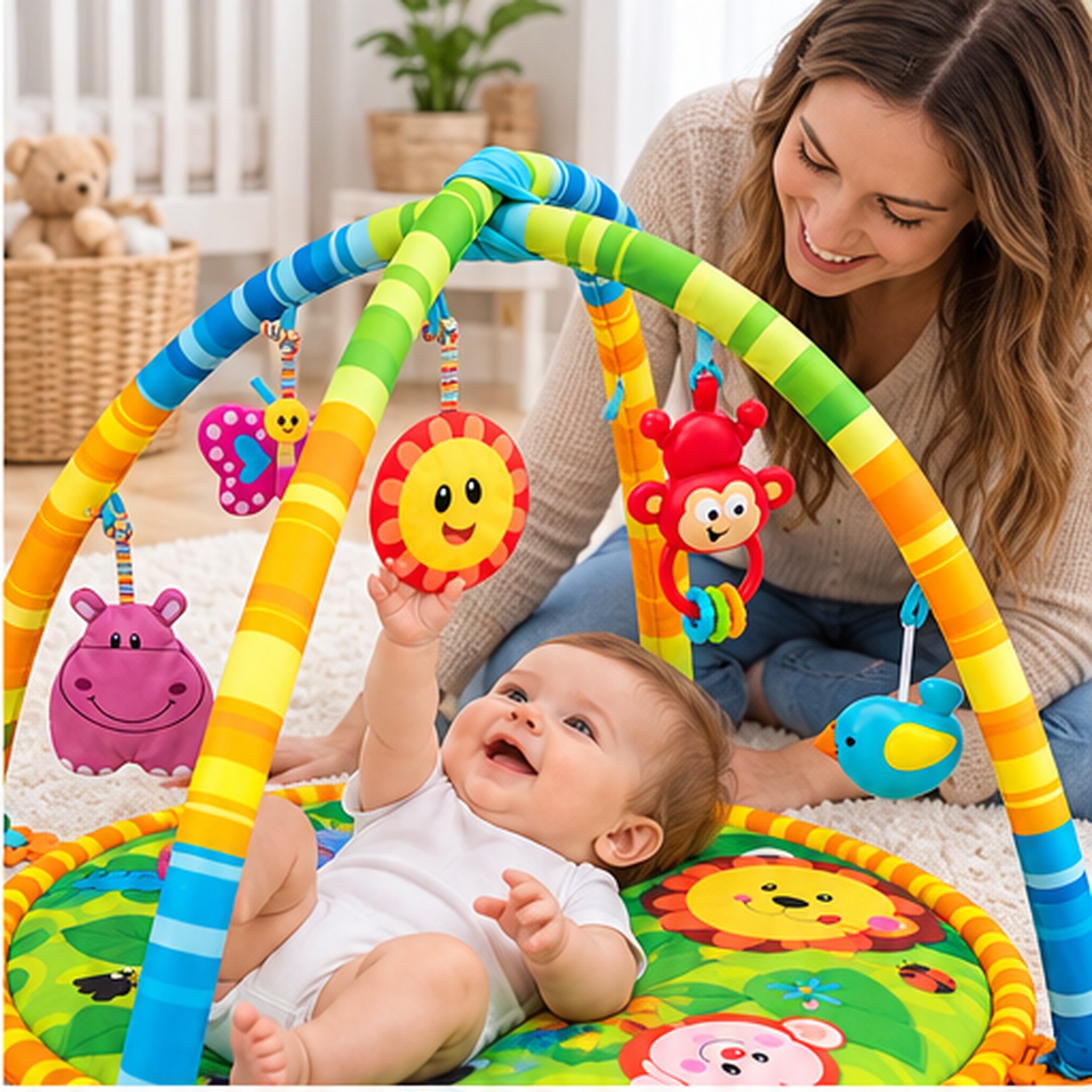 Tapis d’Éveil et d’Activités pour Bébé avec Arches 75×50 cm - بساط لعب وأنشطة للرضع بأقواس وألعاب معلّقة 4