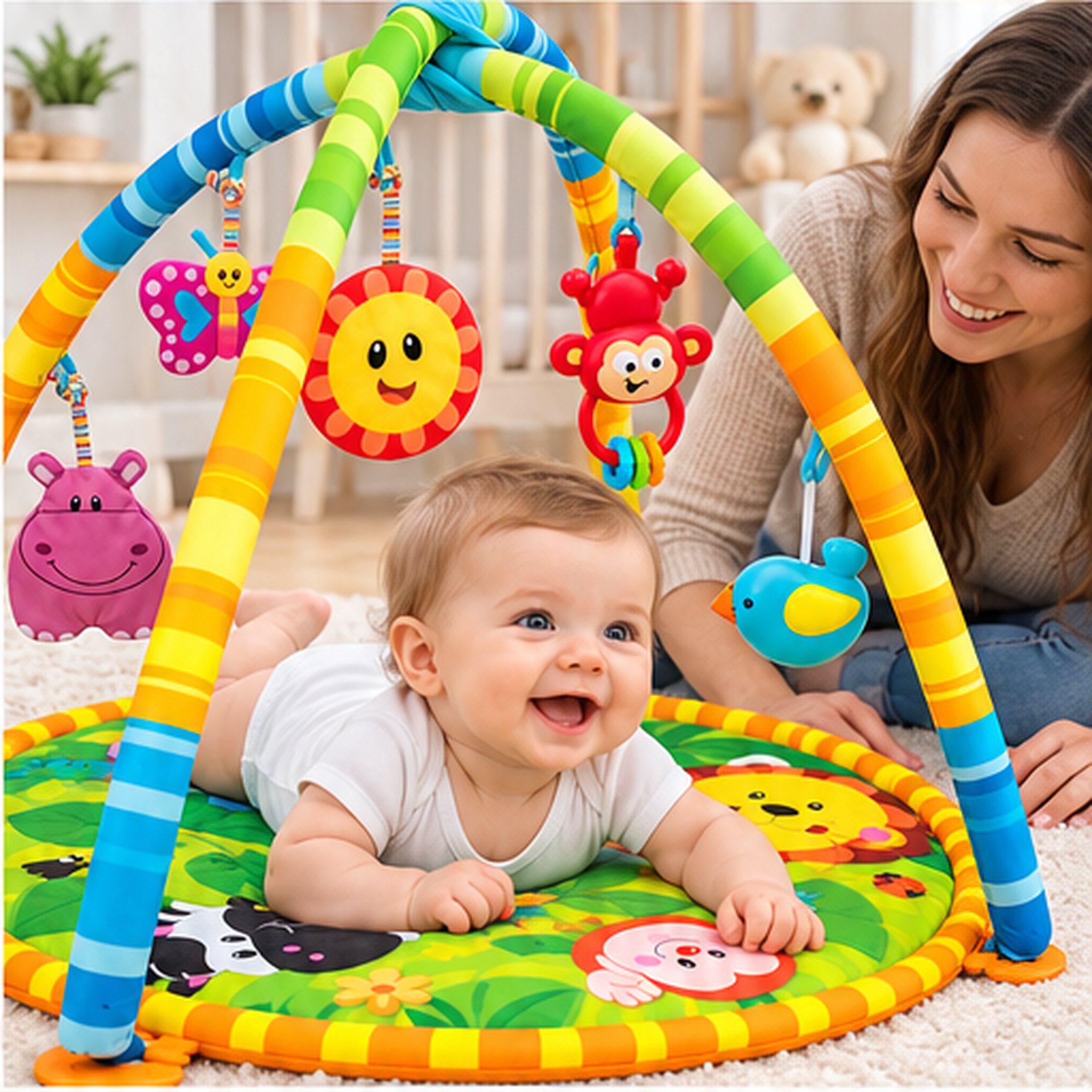Tapis d’Éveil et d’Activités pour Bébé avec Arches 75×50 cm - بساط لعب وأنشطة للرضع بأقواس وألعاب معلّقة 6