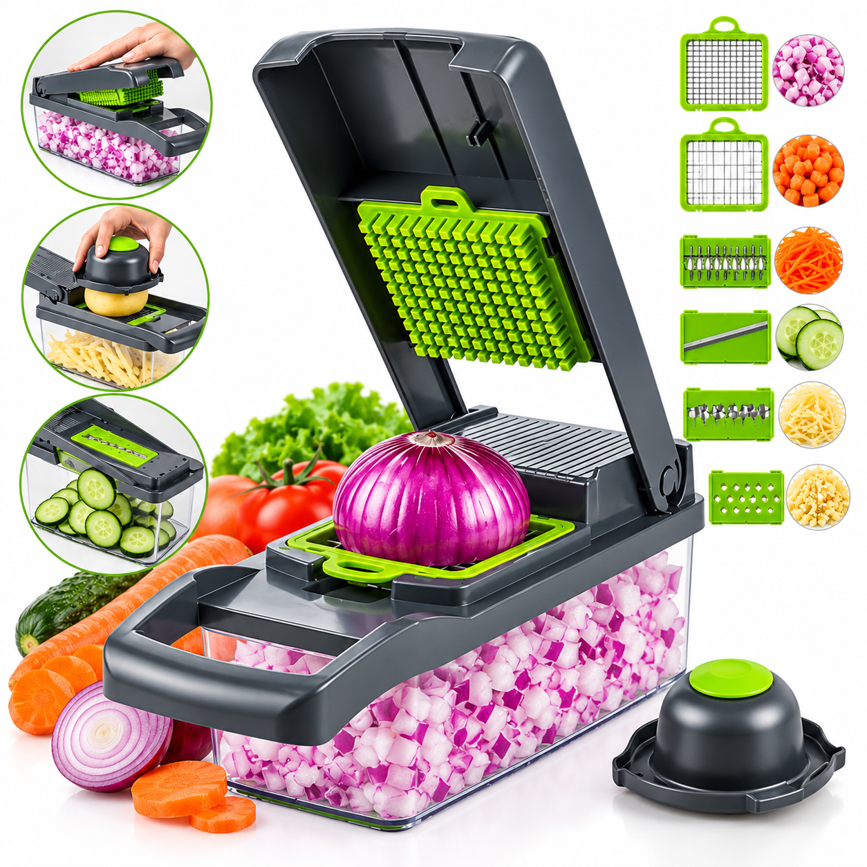 Hachoir à légumes multifonctionnel 14in1 , trancheur, mandoline, hachoir à oignons pour oignon, pomme de terre, tomate, concombre, carotte 2