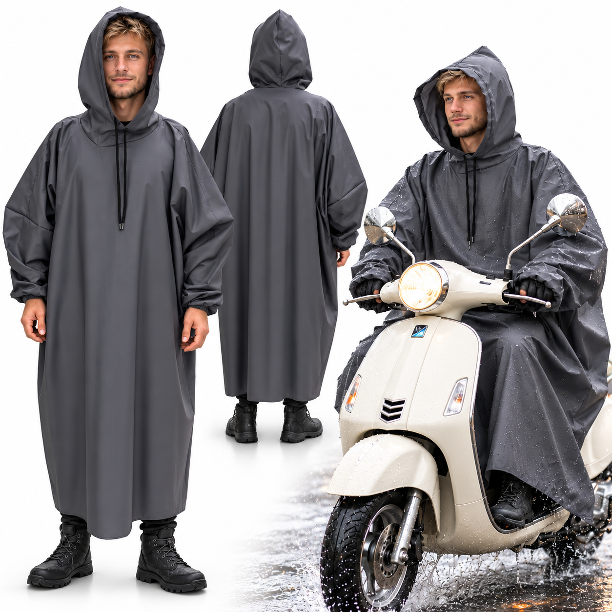 Poncho de Pluie à Capuche pour Conducteur de Vespa – معطف مطر طويل بقبعة لسائق السكوتر 1