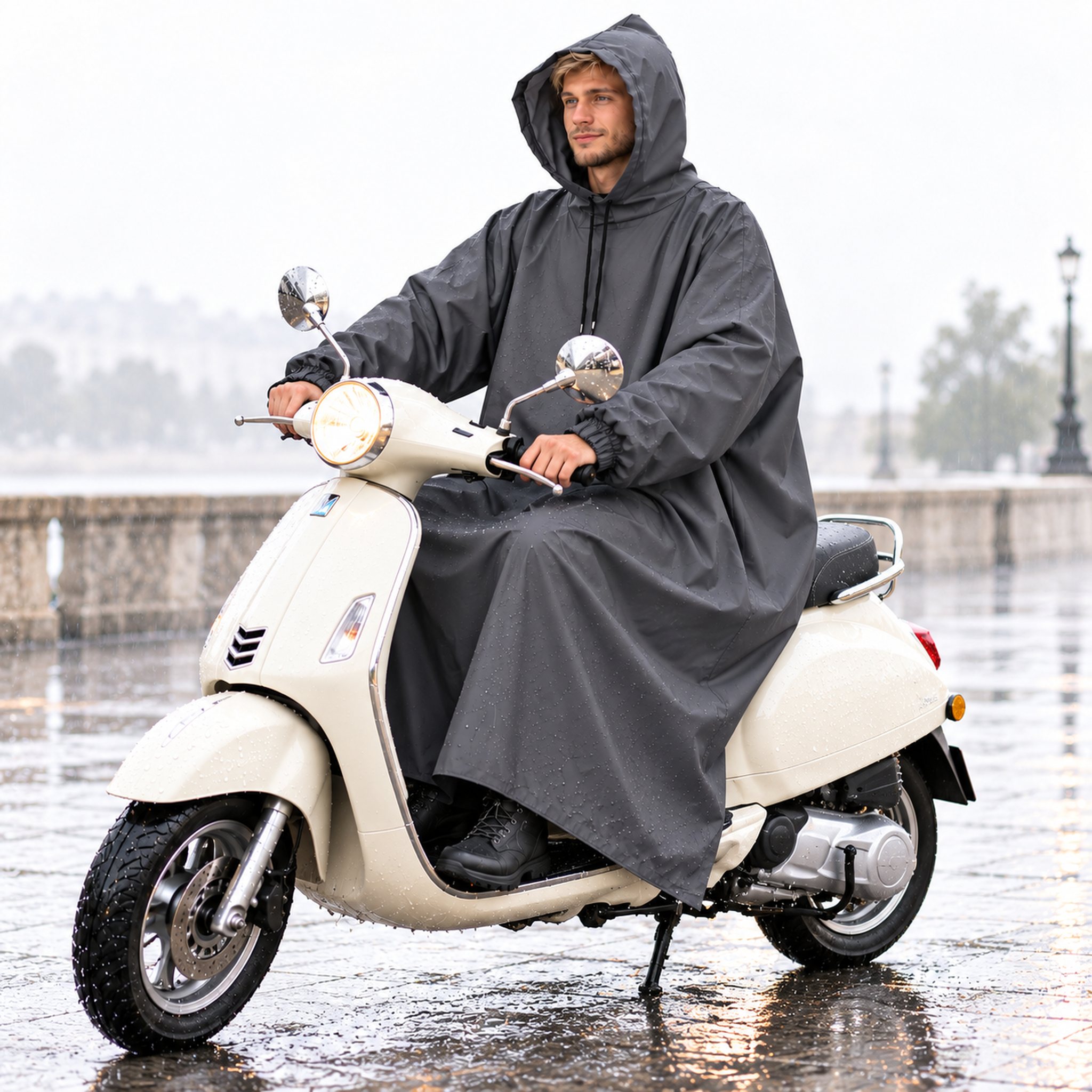 Poncho de Pluie à Capuche pour Conducteur de Vespa – معطف مطر طويل بقبعة لسائق السكوتر 5