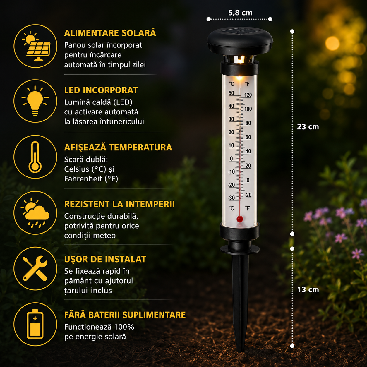 Lampe Solaire de Jardin avec Thermomètre Extérieur 2 Pièces - مصباح حديقة شمسي مع مقياس درجة الحرارة قطعتان 10