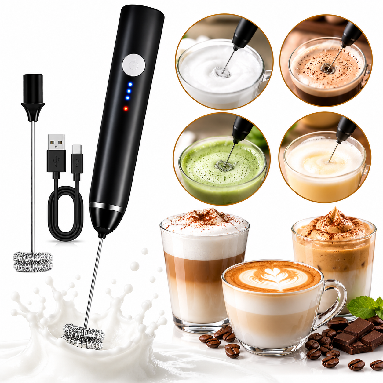 Mousseur à Lait 3 Vitesses Électrique Rechargeable – جهاز صنع رغوة الحليب الكهربائي القابل لإعادة الشحن 2
