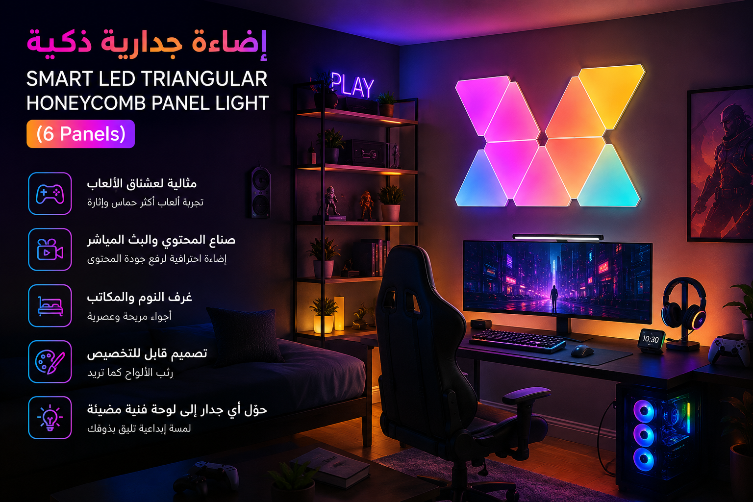 SMART LED TRIANGULAR HONEYCOMB PANEL LIGHT (6 Panels) – إضاءة مثلثات RGB ذكية للجدران مع التحكم عبر التطبيق والريموت - 1