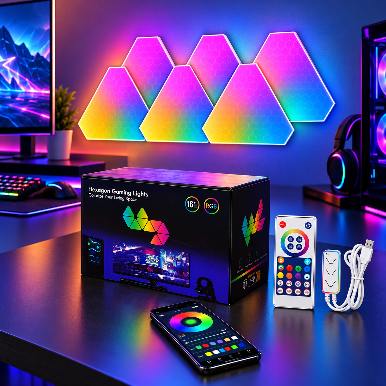 SMART LED TRIANGULAR HONEYCOMB PANEL LIGHT (6 Panels) – إضاءة مثلثات RGB ذكية للجدران مع التحكم عبر التطبيق والريموت 2