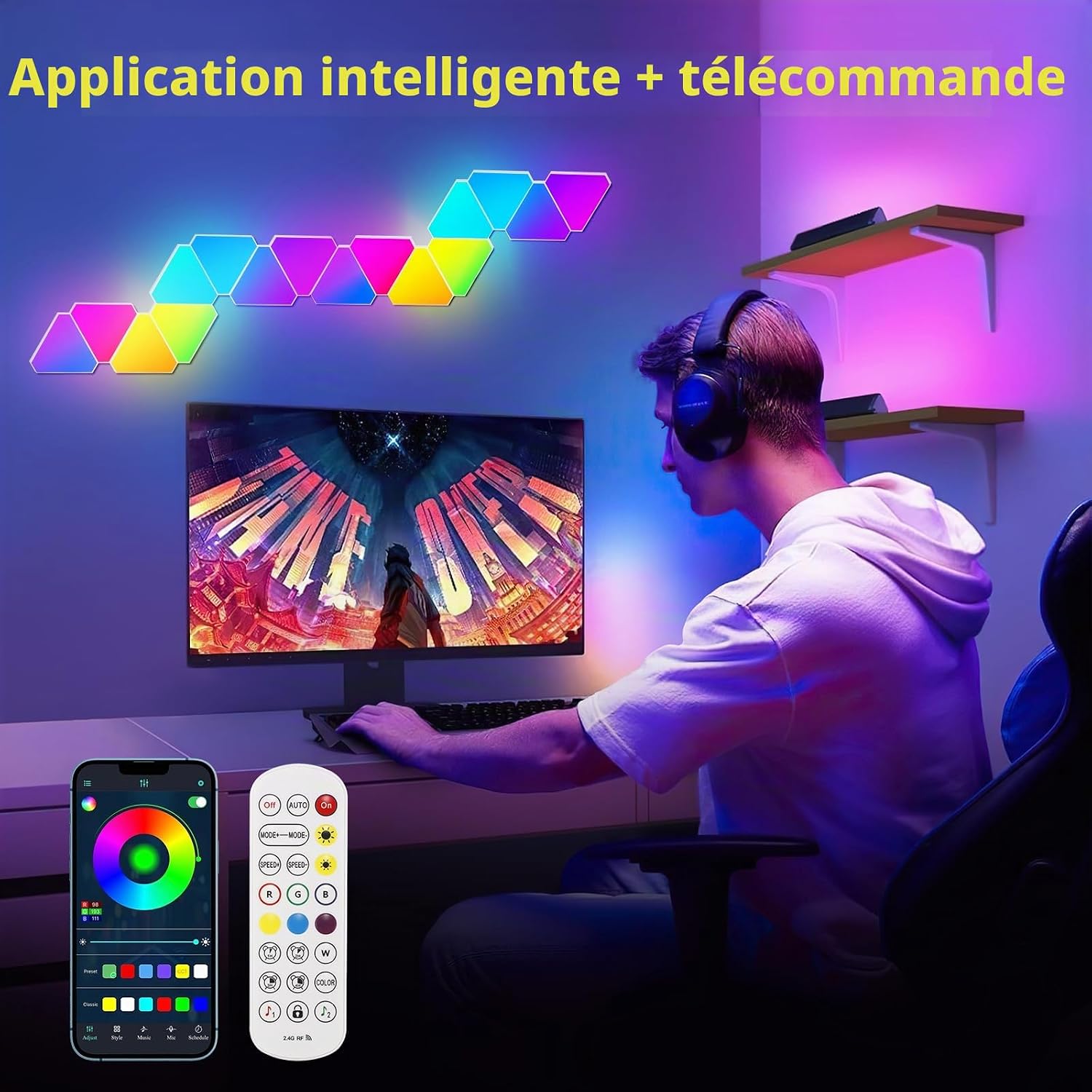 SMART LED TRIANGULAR HONEYCOMB PANEL LIGHT (6 Panels) – إضاءة مثلثات RGB ذكية للجدران مع التحكم عبر التطبيق والريموت 8