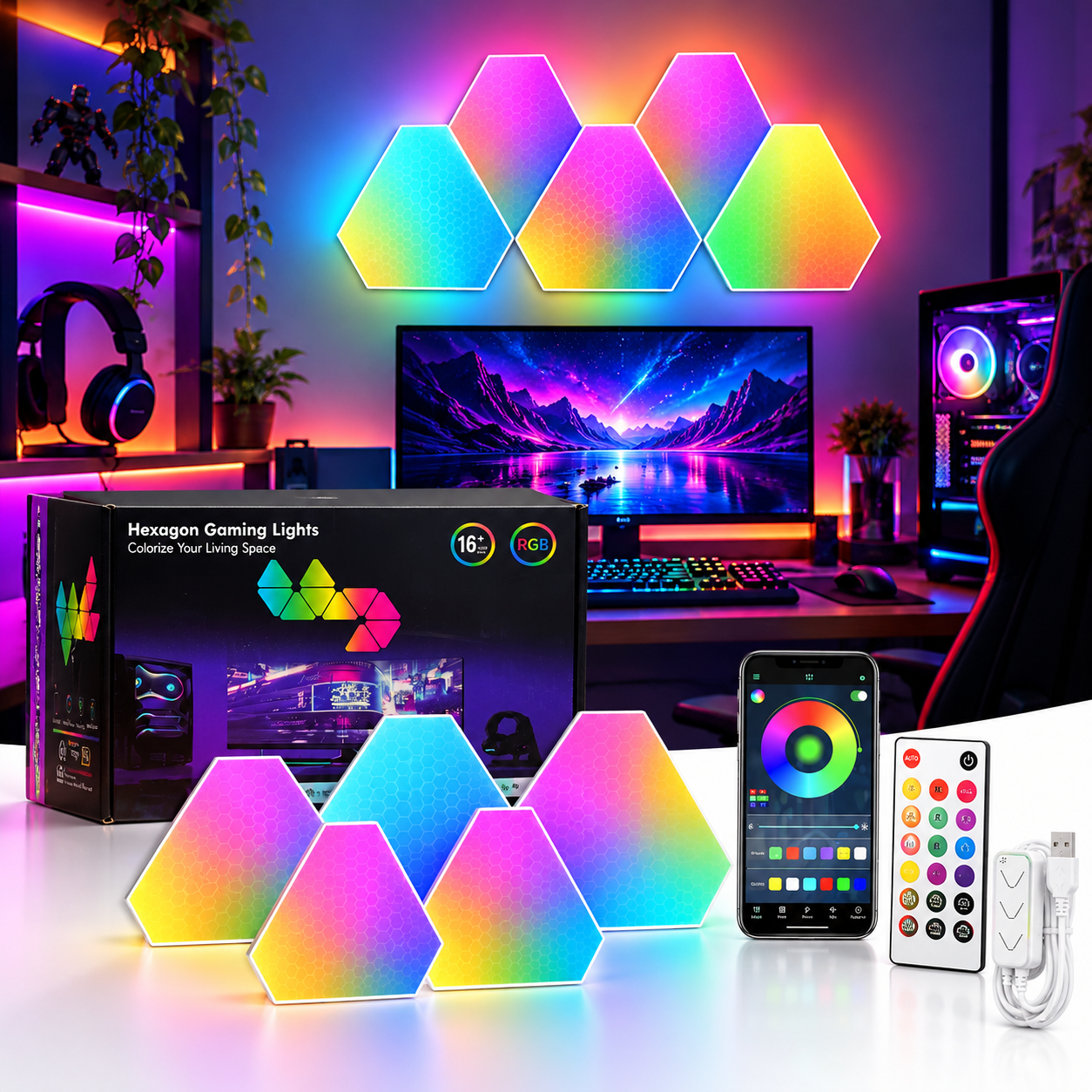 SMART LED TRIANGULAR HONEYCOMB PANEL LIGHT (6 Panels) – إضاءة مثلثات RGB ذكية للجدران مع التحكم عبر التطبيق والريموت 2