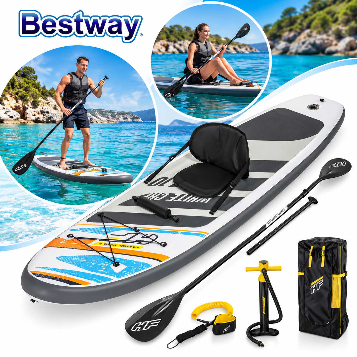Hydro-Force White Cap Paddle gonflable Avec Pompe À Main Et Sac À Dos Bestway-65342 1