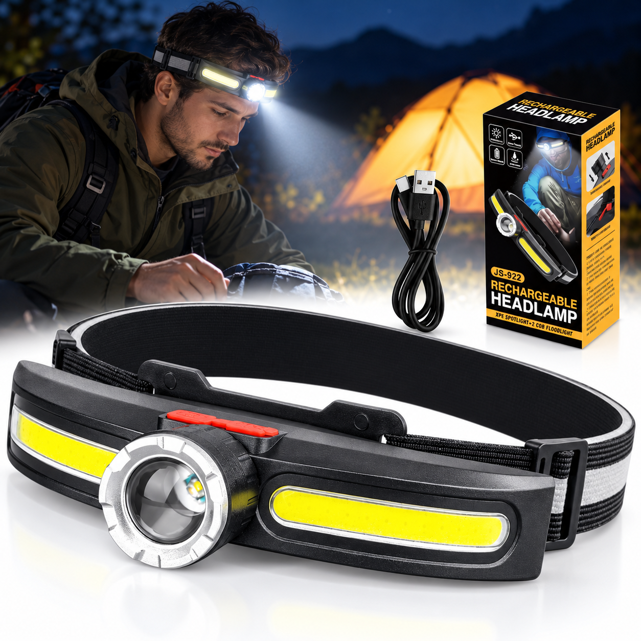 Lampe Frontale LED COB Multifonctionnelle Rechargeable par USB – مصباح الرأس أمامي متعدد الوظائف 1