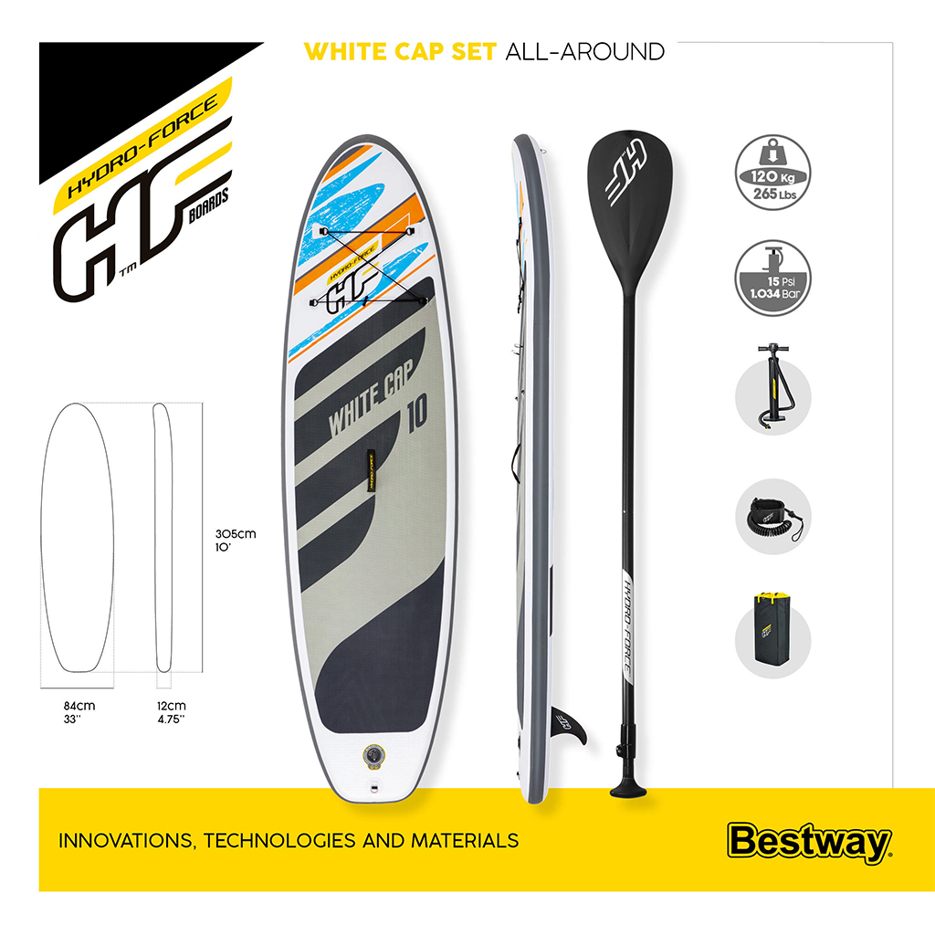 Hydro-Force White Cap Paddle gonflable Avec Pompe À Main Et Sac À Dos Bestway-65342 5