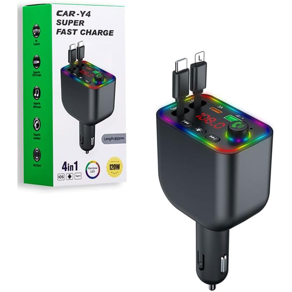 Chargeur de voiture rapide 120W rétractable 4 en 1 et transmetteur FM - شاحن لاسلكي سريع للسيارات 6