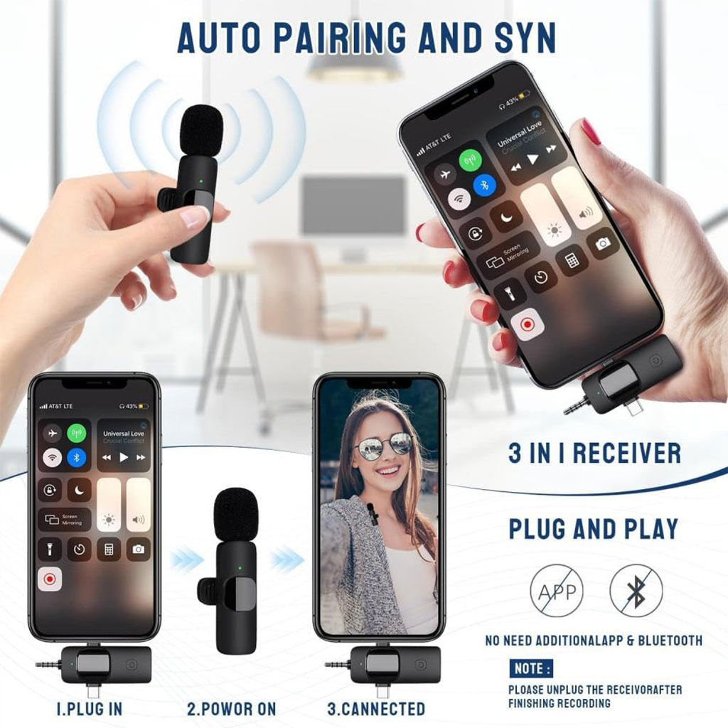 Microphone cravate sans fil 3 en 1 Plug and Play avec puce de réduction du bruit - ميكروفون لاسلكي 5