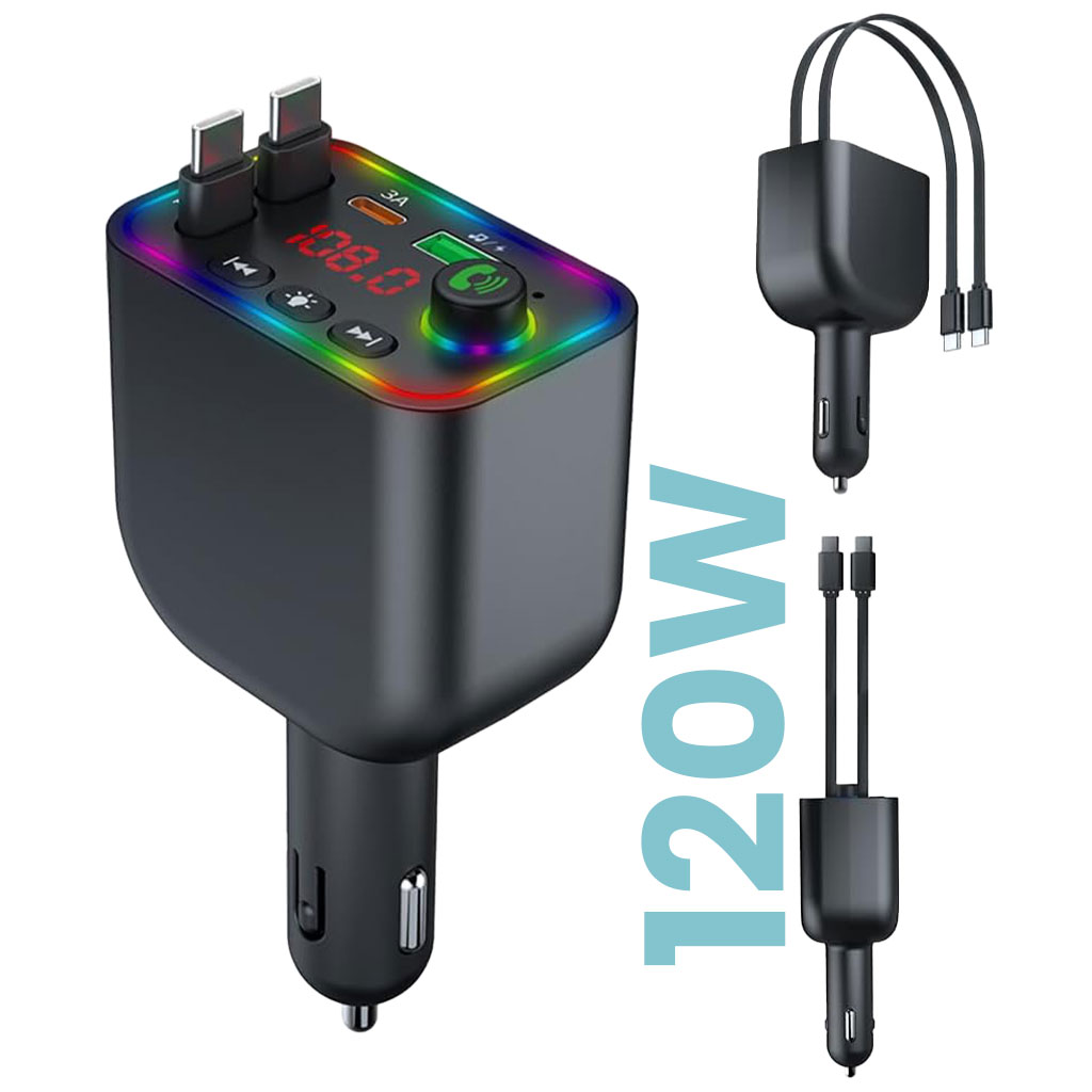 Chargeur de voiture rapide 120W rétractable 4 en 1 et transmetteur FM - شاحن لاسلكي سريع للسيارات 1