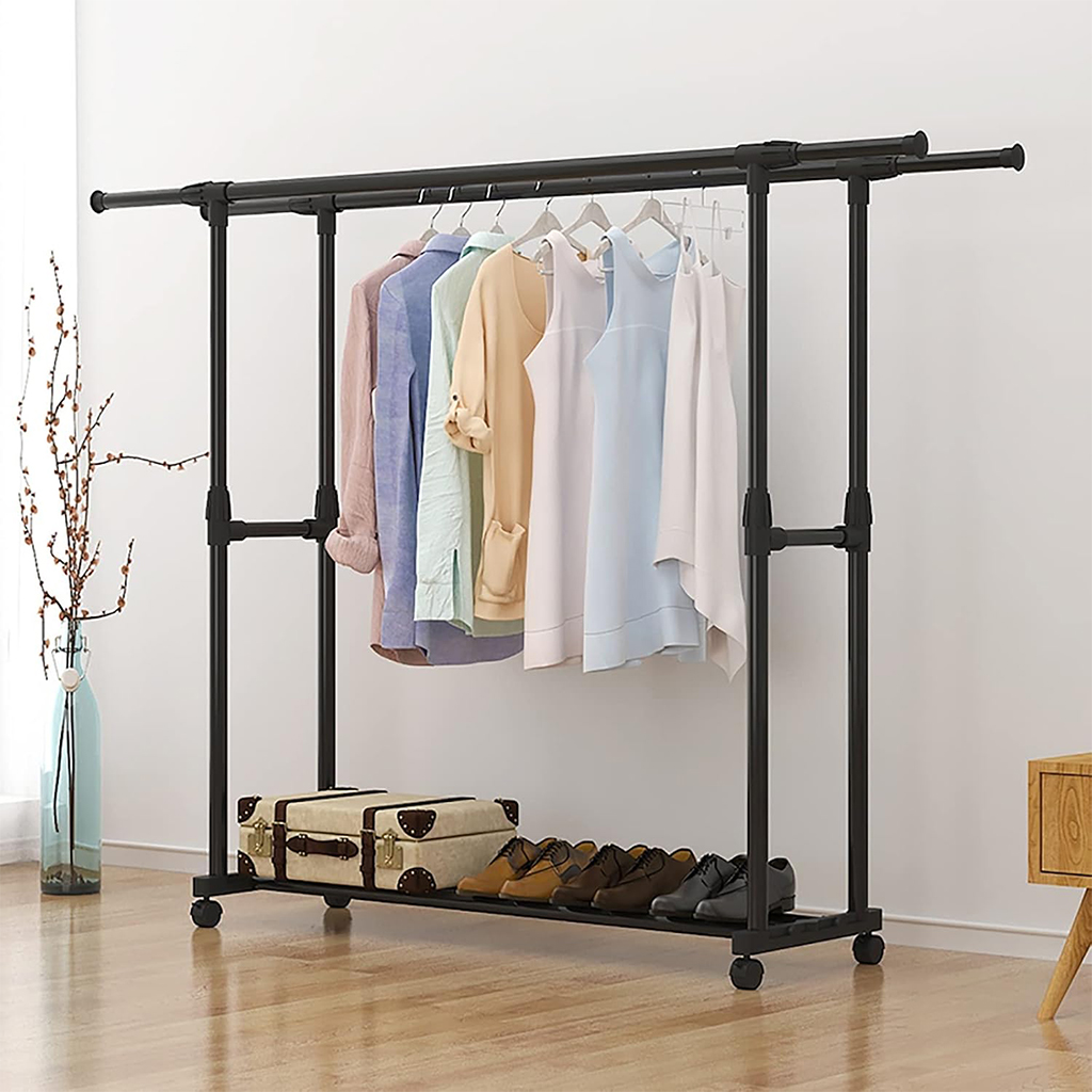 Penderie Mobile Double Barres Extensible Hauteur réglable avec 4 Roulettes V6 1