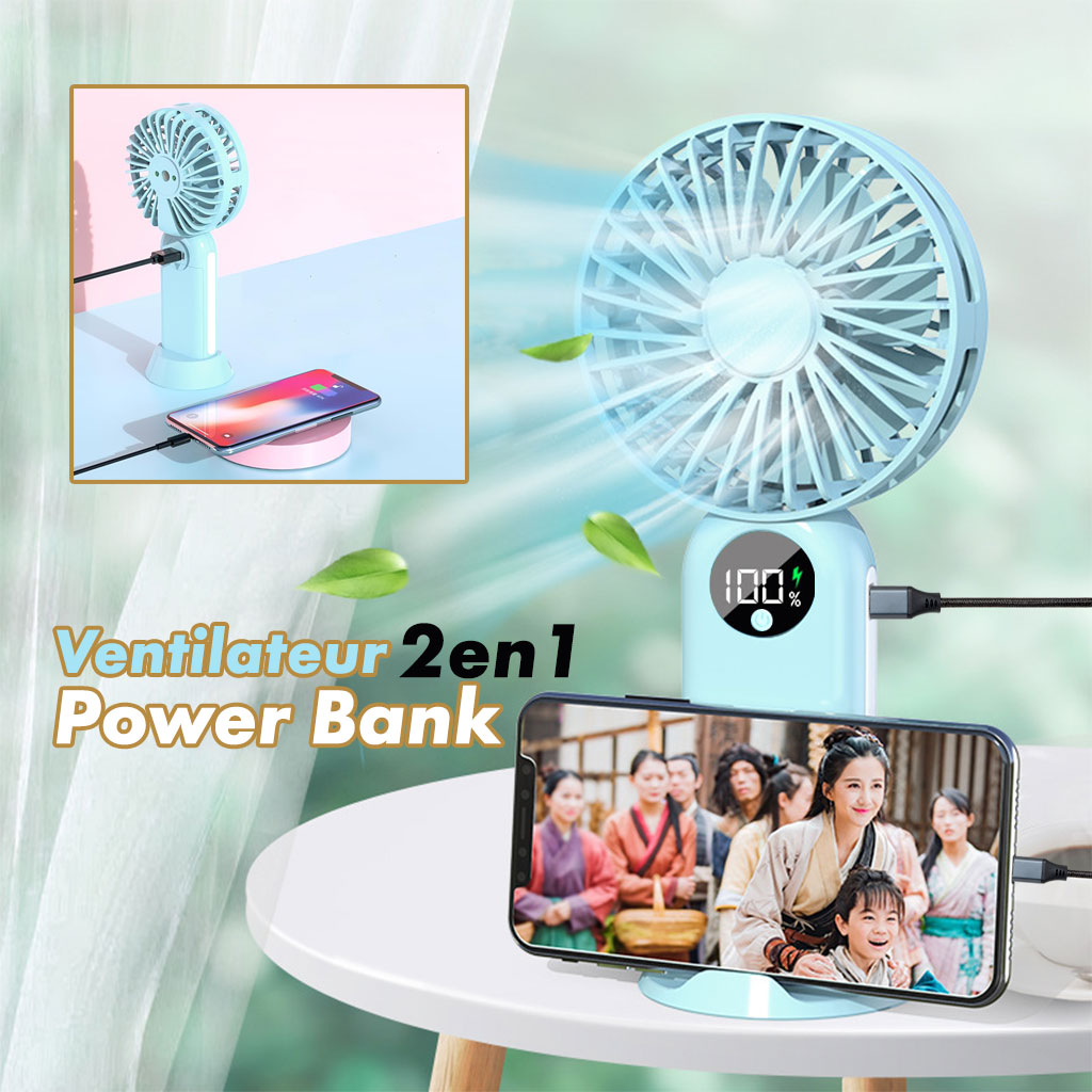 Mini ventilateur portable avec batterie 2400 mAh, léger, 3 vitesses, base mobile 1