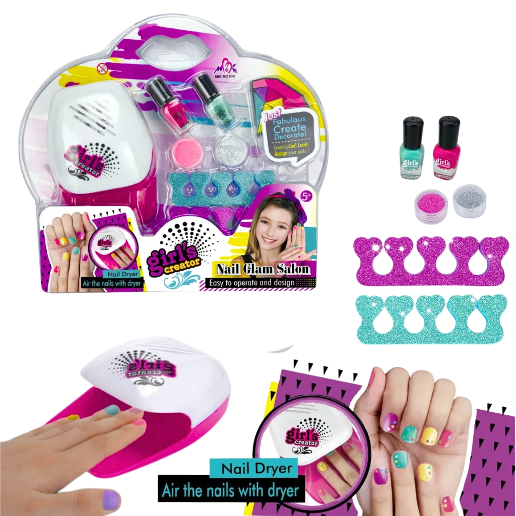 Kit de salon Nail Glam lavable pour enfants avec sèche-ongles - طقم صالون تجميل الأظافر للأطفال قابل للغسل مع مجفف للأظافر 1