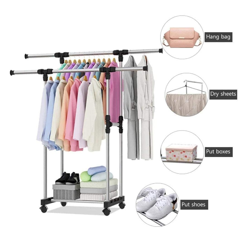 Double Penderie à vêtements portable à roulettes en Acier Inoxydable - علاقة ملابس متنقلة 2