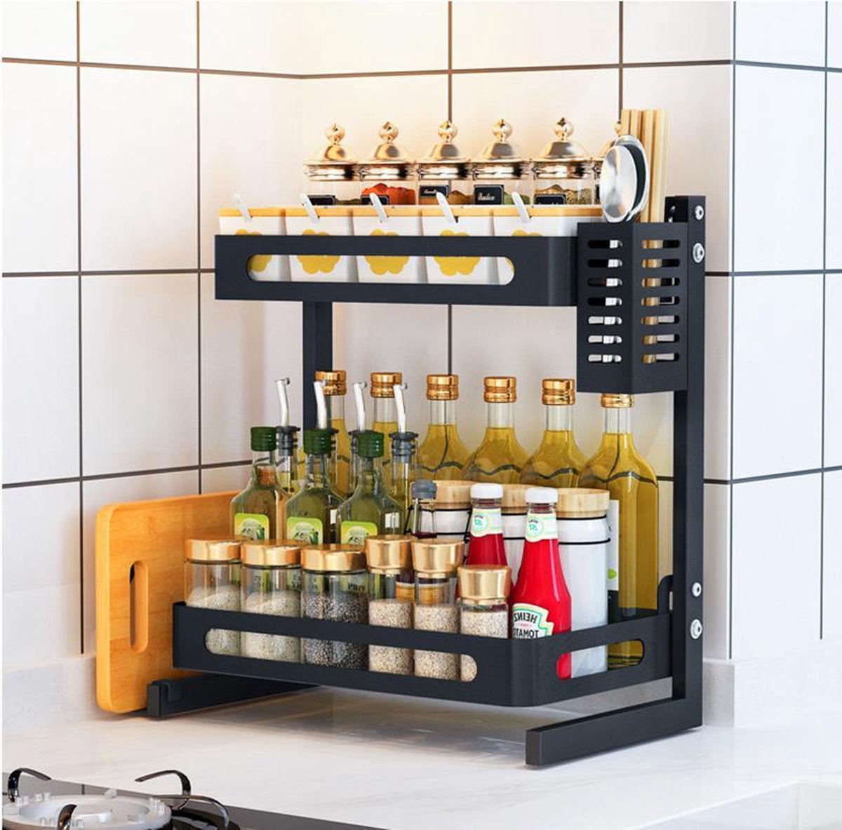 Étagère à Épices 2 Niveaux pour Armoire de Cuisine multifonctionnelle en acier inoxydable 2