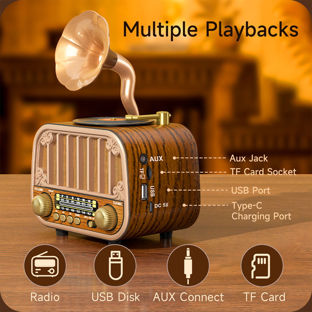 Radio rétro sans fil Bluetooth FM AM SW avec USB TF MD-1319BT - مكبر صوت بلوتوث على شكل راديو 3