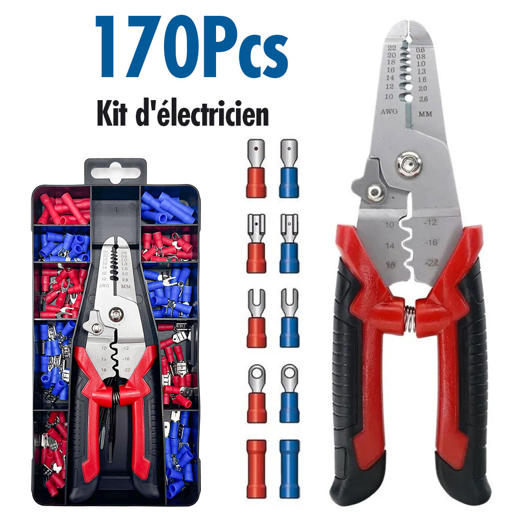 Coffret de sertissage 3en1 avec cosses 22-10 AWG - 170 pièces pour l'électricien 1