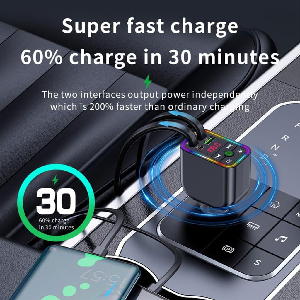 Chargeur de voiture rapide 120W rétractable 4 en 1 et transmetteur FM - شاحن لاسلكي سريع للسيارات 4