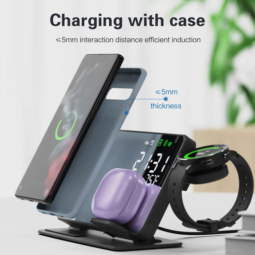 Chargeur sans fil 4 en 1 et station de charge ultra rapide avec Miroir Réveil integré 3